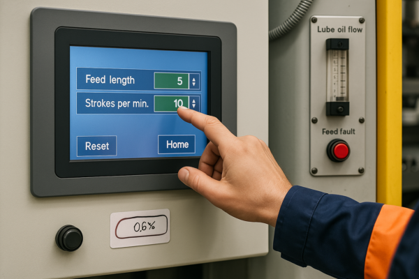 A high-resolution image of a stamping press HMI screen showing feed length and stroke frequency settings. Beside the HMI, a lubrication oil flow meter and a feed error indicator light are mounted on the machine frame. No people are visible.