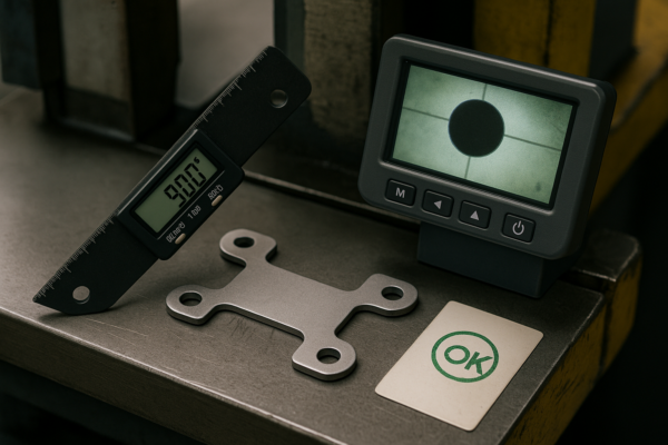 A high-resolution image of first article inspection for a custom metal stamping part. A digital angle gauge is measuring 90.0° on the part, while an optical system checks hole position on a display screen. A green approval stamp marked “OK” is visible on the inspection card beside the part.