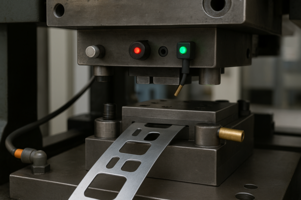 A high-resolution image of a stamping die equipped with in-die sensors. The sensors monitor part ejection, scrap blow-off, and feed error detection. Red and green indicator lights are visible for startup status check.