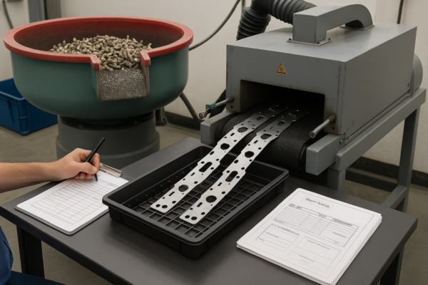 A high-resolution image of custom metal stamping parts undergoing finishing with a vibratory tumbler and a tunnel dryer. Cleaned and deburred parts exit the dryer onto trays, which include a signed batch record tag.