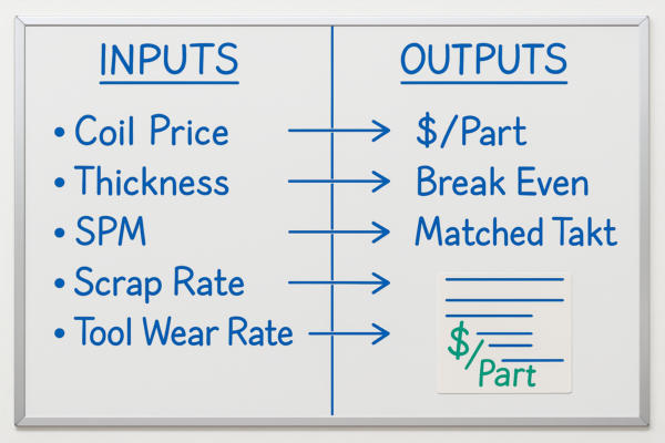 A high-resolution image of a factory whiteboard for custom metal stamping production. Inputs listed include Coil Price, Thickness, SPM, Scrap Rate, and Tool Wear Rate. Outputs include $/Part, Break Even, and Matched Takt.