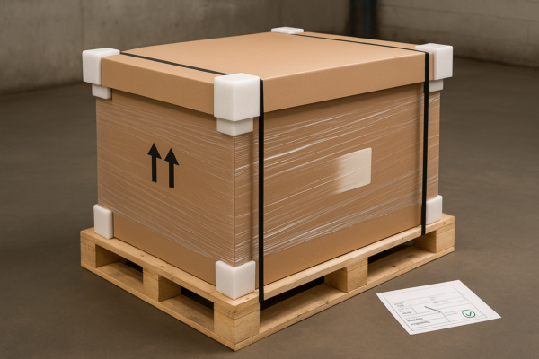A high-resolution image of an export packaging unit for custom metal stamping parts. The package consists of a double-layer corrugated carton secured with foam corner posts, a protective top board, black strapping bands, and stretch film wrapping. Directional arrows are printed on the box, which is placed on a wooden pallet.