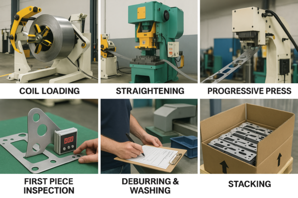 A high-resolution collage image of the custom metal stamping production process. Six labeled steps are shown: Coil Loading, Straightening, Progressive Press, First Piece Inspection, Deburring & Washing, and Stacking.