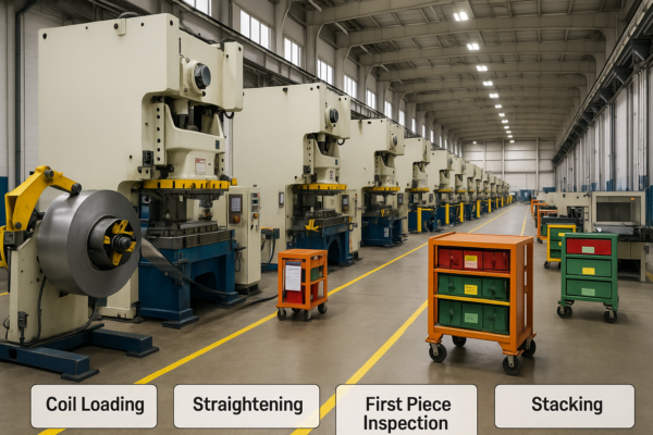 A high-resolution image of a main stamping workshop for custom metal parts. Multiple rows of coil-fed stamping presses are aligned across the factory floor. SMED tool carts in different colors are positioned near the machines, and each die is marked with color-coded tags for quick changeover.
