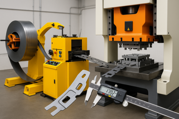 Progressive metal stamping line with coil feeder, straightener, and digital caliper measuring the first stamped part.