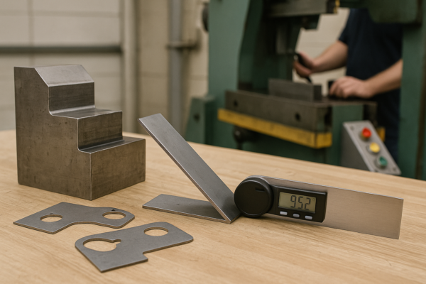 Toolroom trial setup with soft tool block, laser-cut blanks, and digital protractor checking the bend angle of a trial piece.