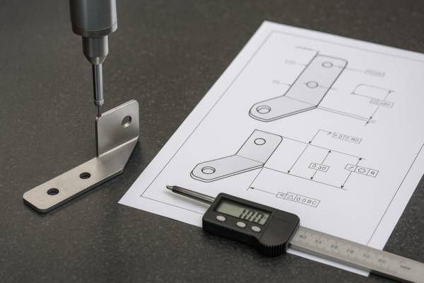 CMM measuring a stamped metal bracket on a granite surface plate with GD&T drawing beside it.