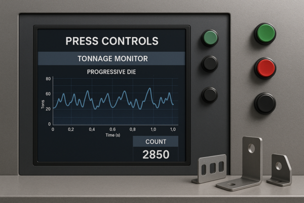 Stamping press control panel showing real-time tonnage monitoring curve and counter during progressive die operation.