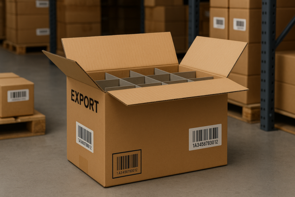 Export carton with internal dividers and barcode labels on all sides in a warehouse storage area.
