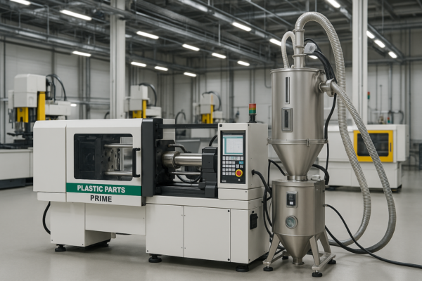 Prime injection molding unit in operation with a central dryer and multiple background machines, showcasing a modern production environment for custom plastic parts.