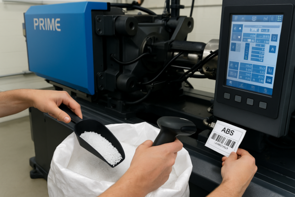 Injection molding machine material changeover with ABS resin removal, barcode scanning system, and updated HMI display for custom plastic parts production.