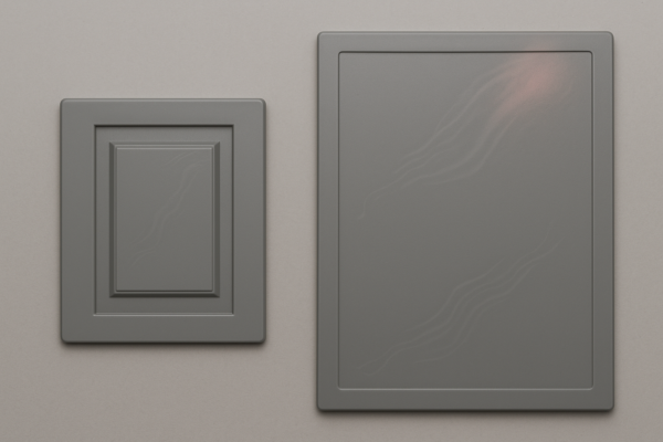 Two gray custom plastic door panels, one larger side door and one smaller sub door, with flowing surface patterns and slight blush marks, placed on a neutral background.