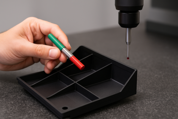 First article inspection of custom plastic parts using a go/no-go gauge and CMM probe to measure ribs and warpage on a molded component.