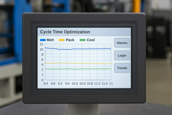 HMI panel showing cycle time optimization trend charts for melt, pack, and cooling phases in custom plastic part production.