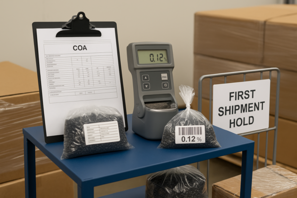 PIR and PCR plastic material receiving station with COA verification, moisture testing device, barcode-labeled bags of pellets, and a quarantine rack for the first batch.