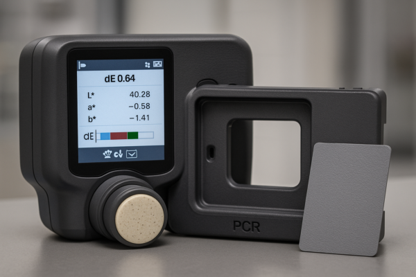 Spectrophotometer testing delta-E color difference on a textured PCR plastic housing during in-process quality control.