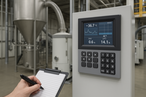 Bulk resin silo and dryer system for custom plastic parts, with control panel displaying dew point and crane operation time.