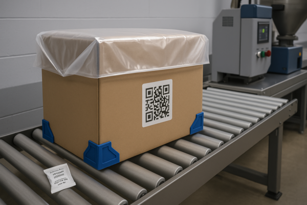Final packaging line for custom plastic parts with sealed moisture-proof bag, added desiccant, corner protectors, and QR code traceability on carton.