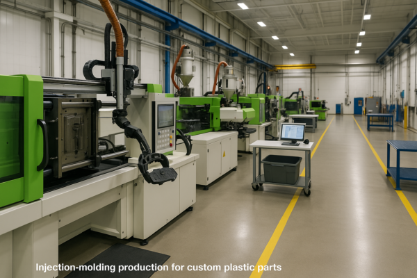 Prime workshop floor for custom plastic parts with molding units and QC inspection stations, showing production in progress.