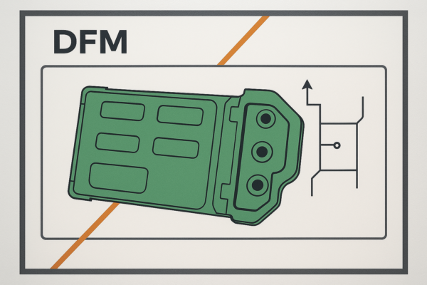 DFM review board for custom plastic parts, showing part design with dividing lines and emitter placement in a technical layout.