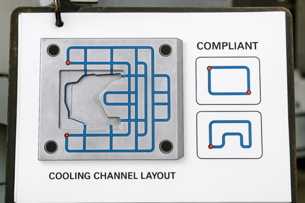 Cooling channel layout for a custom plastic parts mold, with compliance options displayed on a printed review sheet in a production environment.