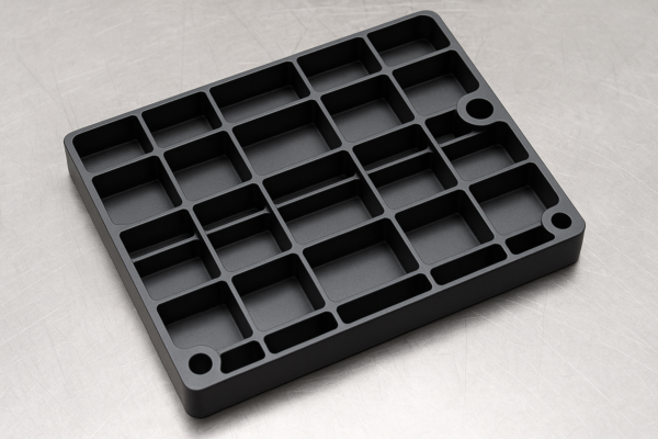 Custom plastic part with uniform walls and a dense rib network, freshly molded and placed on a metallic surface.
