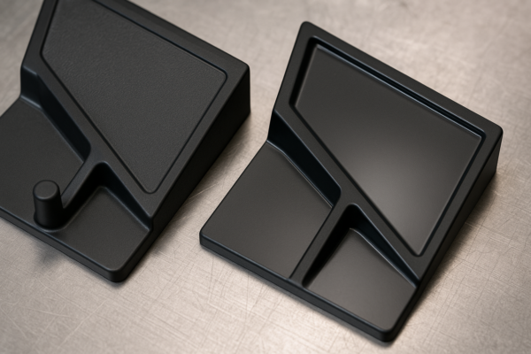 Custom plastic part samples comparing textured and smooth surfaces with draft angle differences, placed side by side on a metallic work surface.