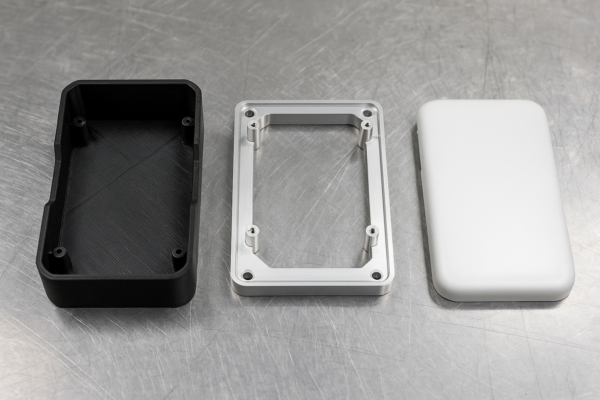 Prototype set of custom plastic parts including a 3D-printed housing, a CNC-machined aluminum sample, and a correctly sized molded cover, placed on a metallic workshop surface.