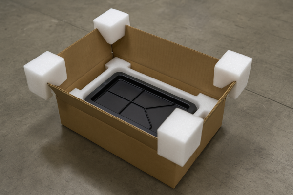 Custom plastic part packaged in a cardboard box with foam tray inserts and corner protectors during a drop test.