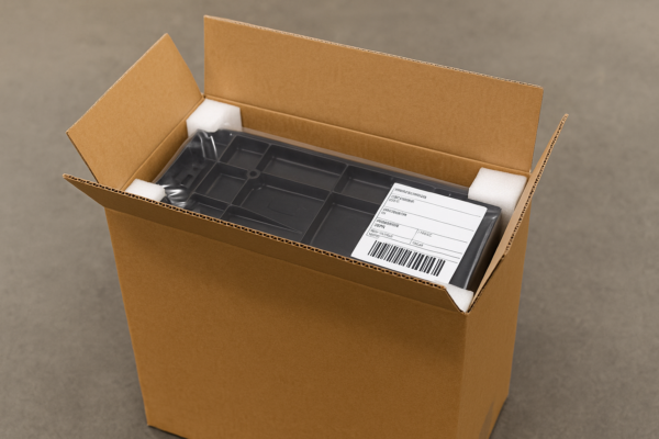 Custom plastic part packaged in a cardboard carton with protective foam inserts, barcode label, and shipping tag for traceability.