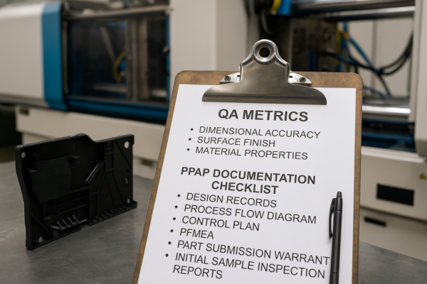 QA metrics and PPAP documentation checklist for custom plastic parts, displayed on a clipboard next to a molded plastic sample in a production workshop.