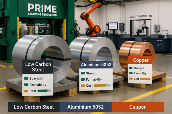Metal coil selection for stamping parts showing low-carbon steel, aluminum 5052, and copper, each with indicators for strength, formability, and cost.