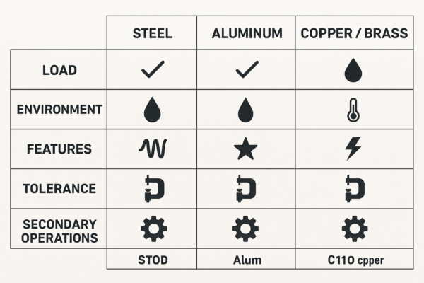 Application mapping matrix for stamping parts comparing steel, aluminum, and copper/brass across rows: load, environment, features, tolerances, and secondary operations.