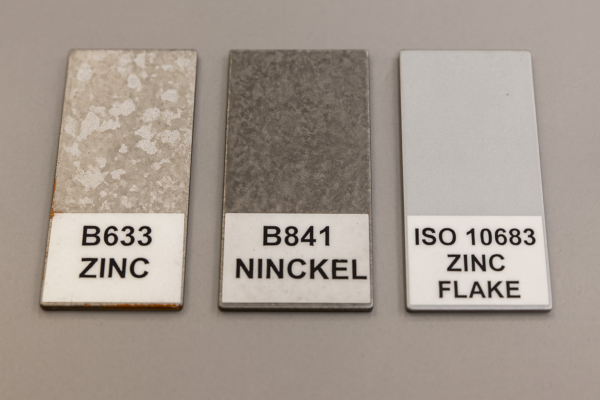 Three stamped metal coupons after salt spray testing, labeled B633 zinc, B841 zinc-nickel, and ISO 10683 zinc flake, showing varying corrosion resistance.
