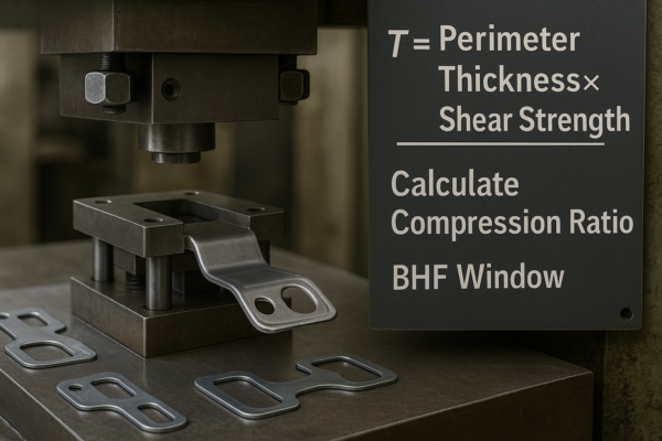 Close-up of a custom metal stamping press with a technical formula board showing tonnage calculation, compression ratio, and blank holding force (BHF) reference beside stamped sheet metal parts.