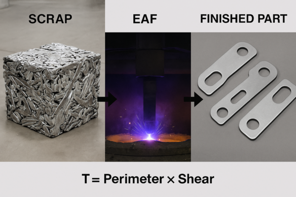 Flowchart-style image showing the stamping production cycle: scrap metal bale, electric arc furnace melting process, and finished custom metal parts.