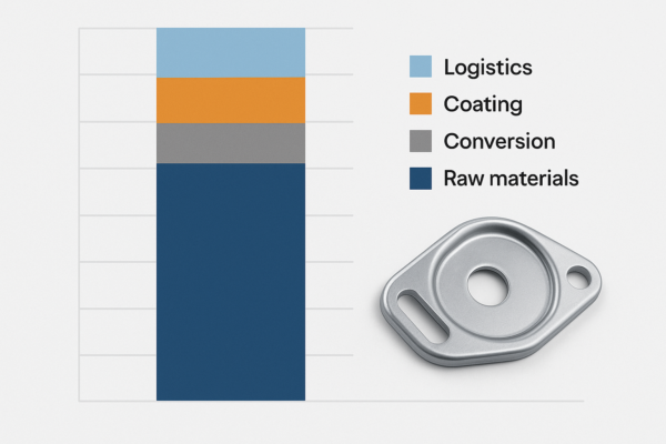 Stacked bar chart showing BOM cost structure for custom stamped parts, including raw materials, conversion, coating, and logistics, alongside a finished stamped metal component.