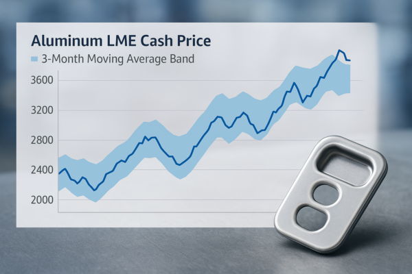 Simulated screenshot-style chart of Aluminum LME cash price over time with a three-month moving average band, shown with a stamped metal part in a manufacturing context.