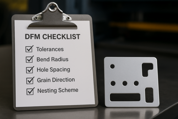 Design for Manufacturability (DFM) checklist for custom stamping parts shown on a clipboard, with key criteria represented and a stamped metal sample beside it in a factory environment.