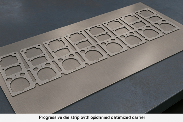 Progressive die strip layout for custom stamping parts showing interconnected designs with shared webs and optimized carriers on a sheet of metal.