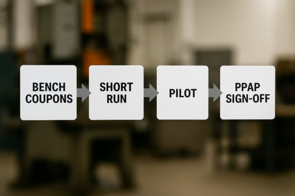 Flow sequence of custom stamping part production showing stages from bench coupon trials to short-run, pilot production, and final PPAP approval, illustrated in a manufacturing context.