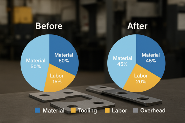 Before-and-after pie charts showing the cost breakdown of a custom stamped bracket project, displayed with metal bracket parts in an industrial background.