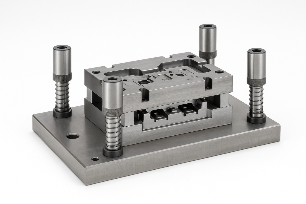 Custom metal stamping die displayed on a clean steel base with guide posts, springs, and machined cavities; no people, no text.