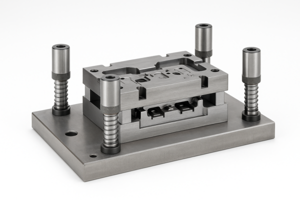 Custom metal stamping die displayed on a clean steel base with guide posts, springs, and machined cavities; no people, no text.