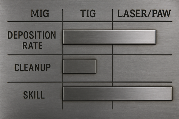 Realistic photo-style comparison of welding methods MIG, TIG, and Laser/PAW using metallic bar indicators for deposition rate, cleanup, and skill level.
