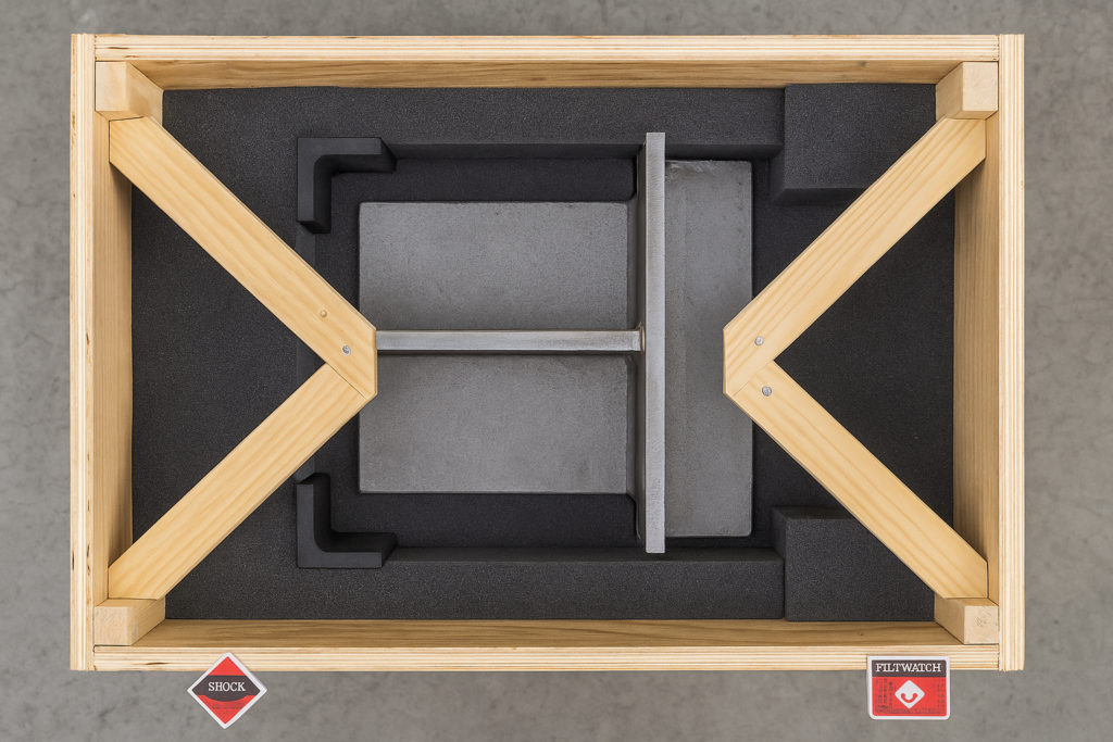 Packaging layout for custom metal welding parts showing an open wooden crate with bracing, foam padding, corner guards, and external shock/tilt indicators.