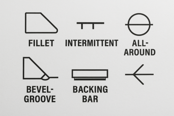 Realistic photo of a welding cheat sheet showing symbols for fillet, intermittent, bevel-groove, backing bar, and all-around weld types.