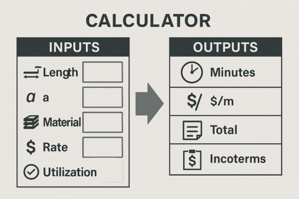 Calculator diagram for custom metal welding parts showing inputs (length, leg size a, material, rate, utilization) leading to outputs (minutes, $/m, total cost) in a clean industrial schematic layout.