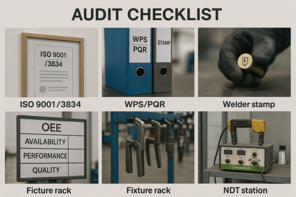 Realistic audit checklist for custom metal welding parts showing framed ISO 9001/3834 certificate, WPS/PQR binders, welder stamp, OEE performance board, fixture rack, and NDT testing station.
