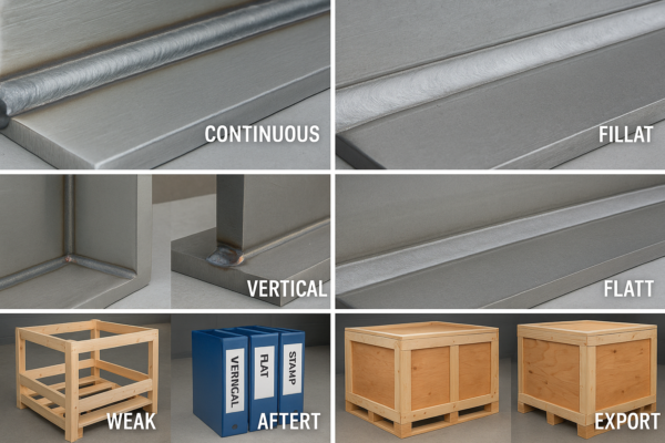 Before/after comparison of custom metal welding parts showing continuous vs intermittent fillet weld, vertical vs flat weld position, and weak crate vs reinforced export crate.
